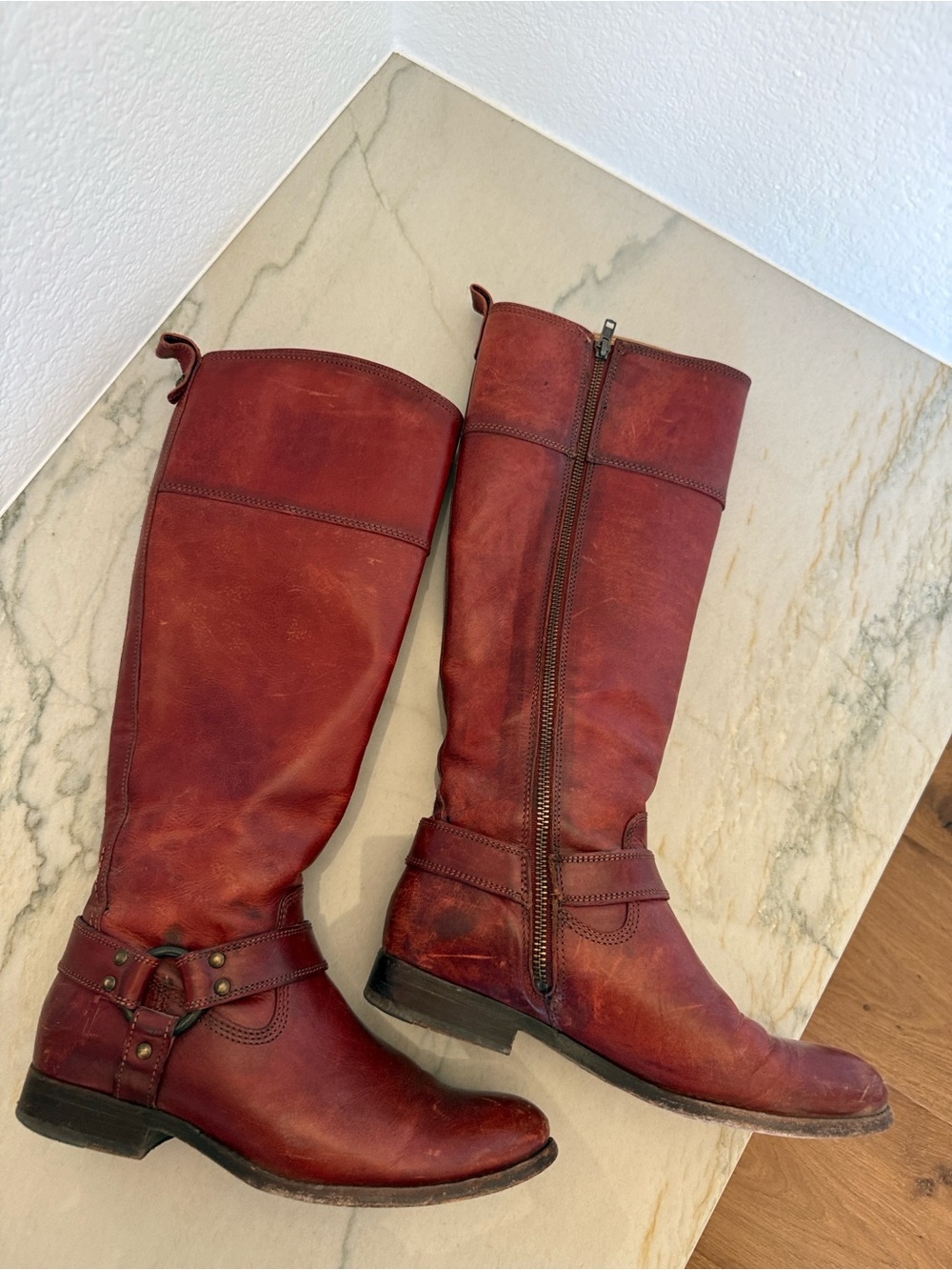 Frye Melissa Harness Leather Riding Boots in a reddish-brown color